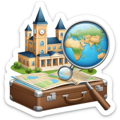 An icon featuring a suitcase, a hotel building, symbolizing the academic study of tourism and hospitality. The design includes a travel map and a magnifying glass, representing research into destinations and hospitality management. Transparent background sticker