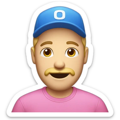 a guy in a pink shirt, blond, with a short beard and mustache in a blue cap, sticker