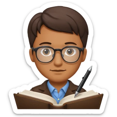 man hold a pen in hand write in book , wearing glasses sticker