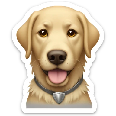 shaggy labrador-like dog with a shield sticker