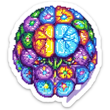 Add a colorful, vibrant core to the brain, making the center of the crystal brain glow with multiple bright colors, in pixel art style, with no background. sticker