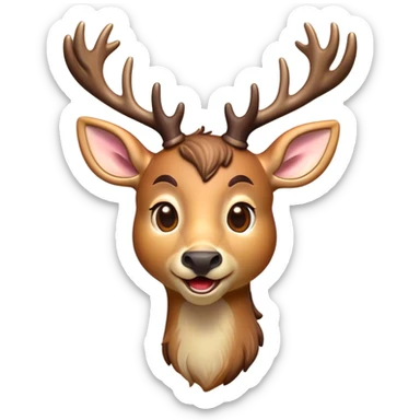 Cinematic Comical Deer Portrait Emoji, Head tilted dramatically with an exaggeratedly amused expression, featuring a sleek dappled Fur and whimsically contorted antlers, wide, expressive eyes filled with playful disbelief, Simplified yet hilariously expressive features, highly detailed, glowing with a slightly sassy glow, high shine, dramatic yet playful, stylized with an air of cheeky woodland mischief, bright and endearing, soft glowing outline, capturing the essence of a spirited and over-the-top deer, so meme-worthy it feels like it could side-eye its way into forest folklore instantly! sticker