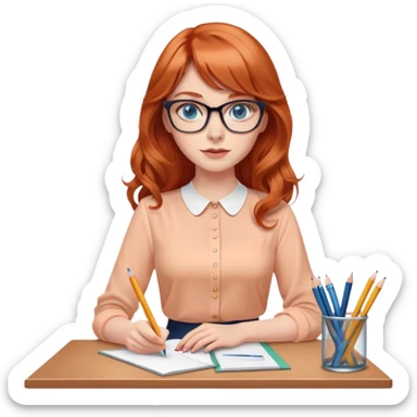 redheaded woman with long wavy hair and bangs, blue eyes and cat-eye glasses, wearing a pencil skirt and apricot blouse, holding a pencil sticker