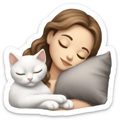 White girl brown hair sleeping with light grey kitten sticker