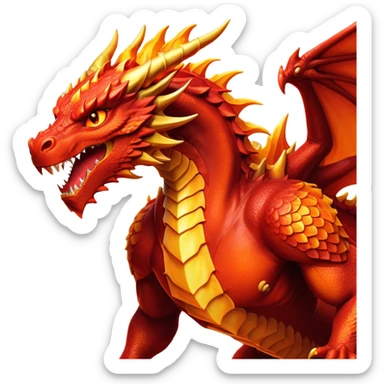 cinematic-noble-fierce-fire-dragon-full body-emoji,-poised-and-imposing,-with-a-muscular,-scaled-body-ablaze-in-fiery-hues-of-crimson,-molten-orange,-and-molten-gold,-and-intense,-burning-eyes-that-mirror-the-heart-of-a-volcano;-rendered in detail sticker