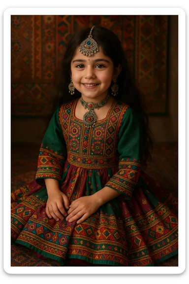 a dark brown haired girl in an Afghan dress, sitting, intricate patterns, colorful, smiling, traditional jewelry sticker