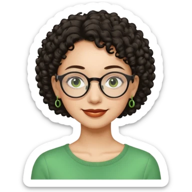 Very slim woman, light skin, short dark curly hair, black round glasses, green earrings, thin build, warm smiling face. Cartoon style. sticker