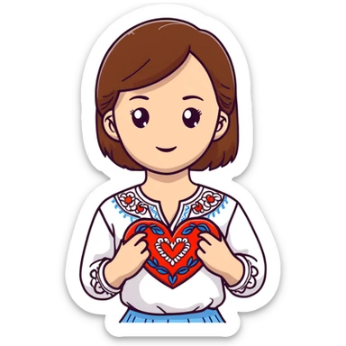 Beautiful young girl with brown hair in a white Ukrainian embroidered shirt holding a large embroidered heart sticker