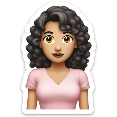 White woman with long black curly hair and bangs and dark brown eyes, wearing a pastel pink dress sticker