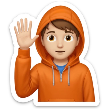 Brown hair boy in orange hoodie waving hi sticker