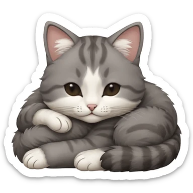 dark grey and white small cat with his eyes closed, leaning his head on his paw while leaning on his elbow lying down sticker