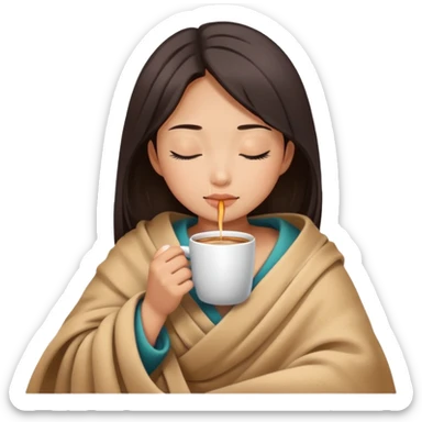 Asian girl inside a blanket sipping coffee eyes closed sticker