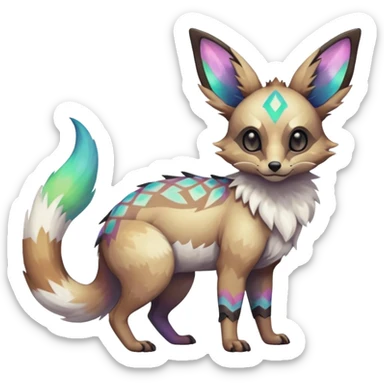 Rare iridescent white exotic epic aesthetic colorful Trico-Eevee-Genet-species-Fakemon-hybrid-creature, with intricate tattoo markings, full body sticker