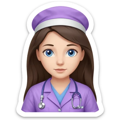 pretty brunette nurse with long hair and blue eyes in lilac scrubs sticker