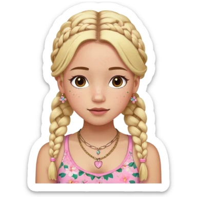 A girl whit freckles and a blush whit two braids blonde a necklace and a pink croptop and a cute flower skirt short sticker