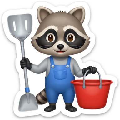raccoon emoji with gloves, holding a dustpan, friendly and simple, apple emoji style sticker