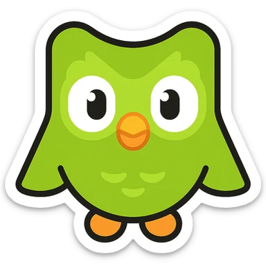 Duolingo logo, green owl, bold lines, vibrant colors sticker
