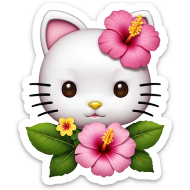 Create an emoji-style face of Hello Kitty with brown skin. She should have her iconic round face with no mouth, black oval eyes, and a yellow nose. Replace her usual bow with a pink or red hibiscus flower tucked behind one ear sticker