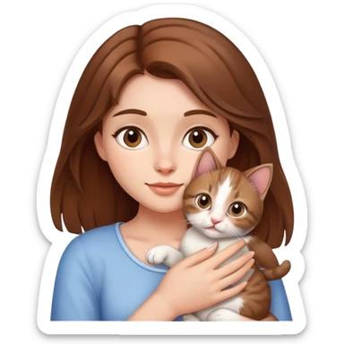 A beautiful brown-haired girl holding a kitten sticker