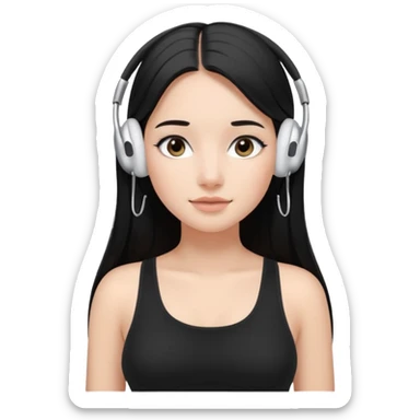 a fair girl with straight black long hair, wearing a black cami top. and wearing silver airpods max headphones on sticker