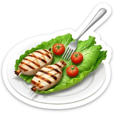 Lettuce wrapped grilled chicken, tomato, lettuce. In fork of sandwich. sticker