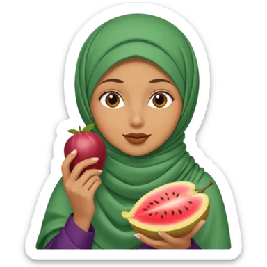 a woman wearing a pashmina hijab is eating sticker