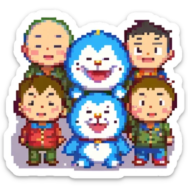 Add Nobita to the group with Doraemon and Shinchan in pixel art style, cheerful expression, no background, simple and colorful pixel design. sticker