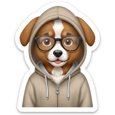 Dog wearing a hoodie with glasses sticker