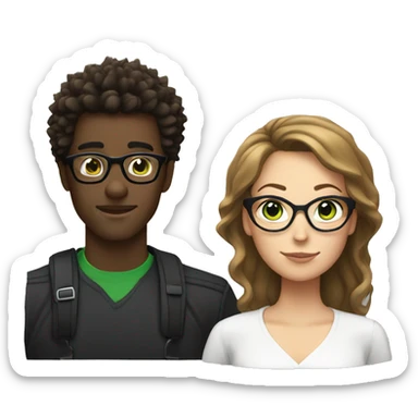black male with spikey hair and glasses and white female with brown wavy hair , green eyes and glasses sticker