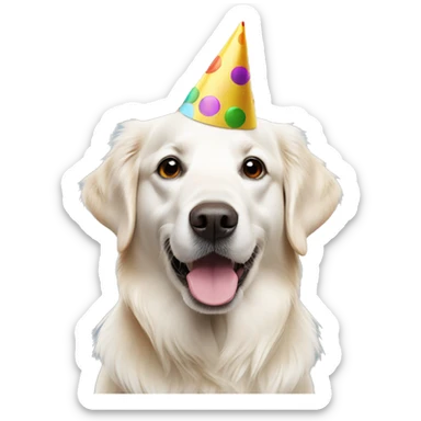 White golden retriever wearing multicolor party hat sticker