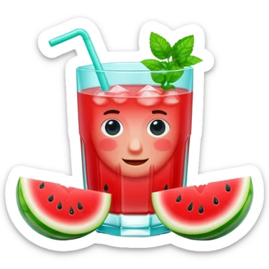 A 3D cartoon glass filled with watermelon juice, ice cubes, mint garnish, bright red color, smooth reflections, soft natural lighting, Memoji-style. sticker