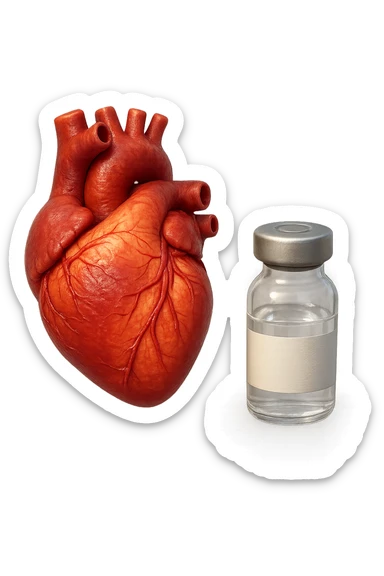 emoji stile iphone di cuore anatomico realistico in 3d che fluttua in aria insieme a una boccetta di fiala medica, FALLO MOLTO REALISTICO IN 3D sticker