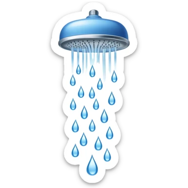 Simple silver shower head line drawing with three thick blue vertical water streams and two small white steam wisps, bold lines, flat colors sticker