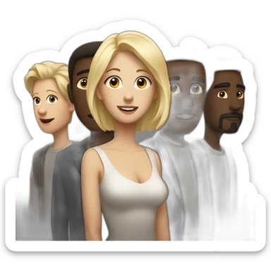 six dark-skinned men stand behind one pale blonde woman sticker