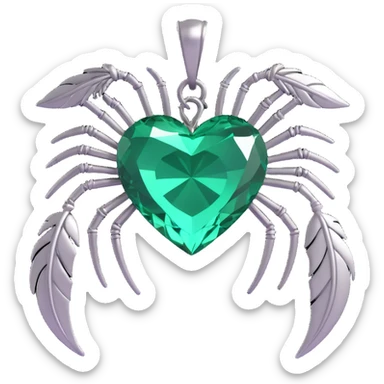 3D emoji gothic heart, emerald green crystal, silver spider charm, feather accents, misty background sticker