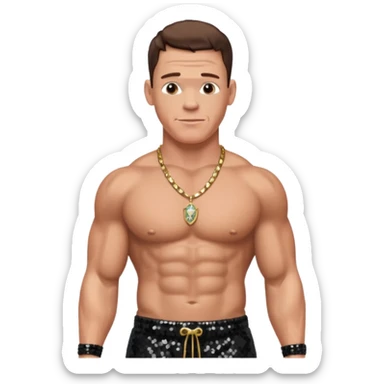 John Cena with black sequin baggy pants, shirtless with necklace, brown hair sticker