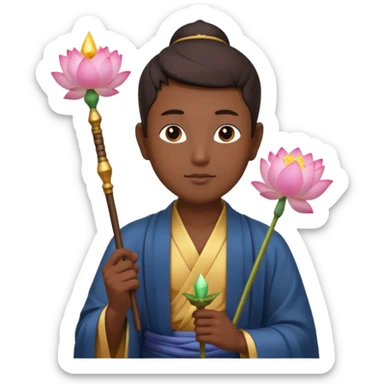 asian man with lotus, scepter, buddhism, lotus sticker
