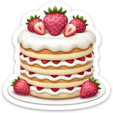 A pink strawberry shortcake that has 3 layers and is round with fluffy white icing  sticker