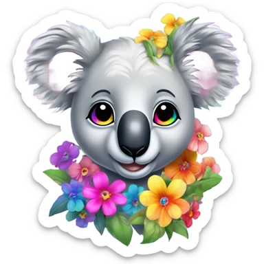 Lisa Frank koala bear with rainbow eyes with flowers sticker