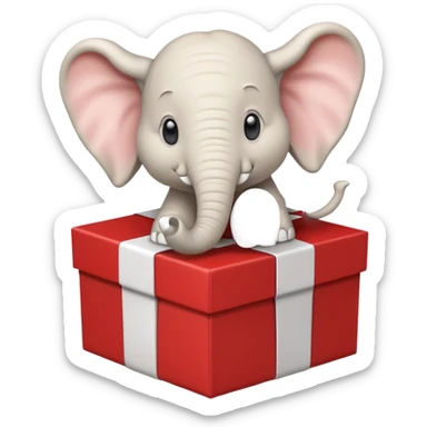 A white elephant popping out of a gift box sticker