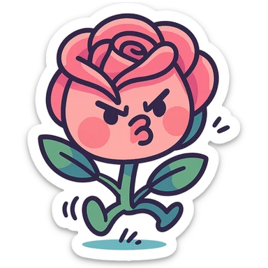 soft pink rose flower with puffed cheeks and an angry pouty face, stomping adorably, pastel tones, chibi round shape, vibrant-toon style sticker