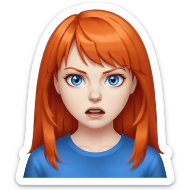 A woman with dark orange hair and bangs, blue eyes, an asmr streamer, angry, sticker