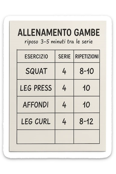 scheda di allenamento gambe in italiano che segna 3-5 minuti di recupero tra le serie, vista dall'alto, iperrealistica 4k sticker