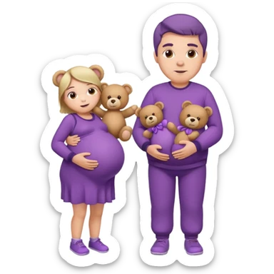 A pregnant man with fair skin wearing purple clothes with teddy bears pattern sticker