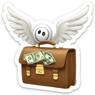 A playful winged briefcase with cartoon eyes, gliding upwards with dynamic motion lines, trailing glittering dollar signs sticker