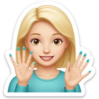 a girl happily showing off her new nail, focus on her hand with a bright nail, cheerful expression sticker
