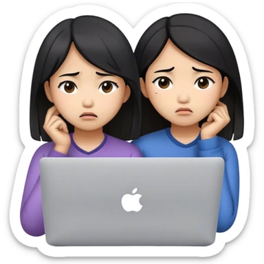 two asian girls crying in front of macbook sticker
