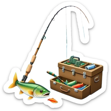Icon for Fishing Travel: a fishing rod, tackle box, boots, and a boat by a serene lake, with fish jumping out of the water and surrounded by lush nature. The icon should capture the peaceful and adventurous spirit of fishing trips. Transparent background. sticker