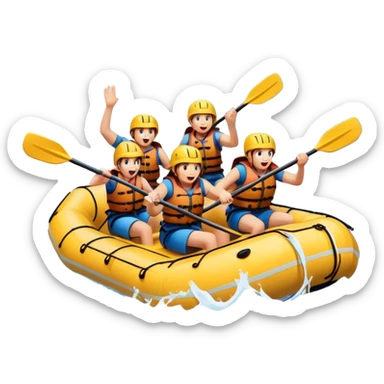 A group of adventurers paddling a raft through wild, fast-moving river rapids. The scene includes splashing water, rugged rocks, and intense action, emphasizing the excitement and teamwork of rafting in challenging conditions. sticker