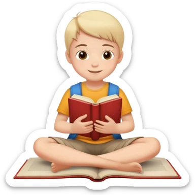 child sitting cross-legged on the floor, cheerful and calm, with a book in hand sticker